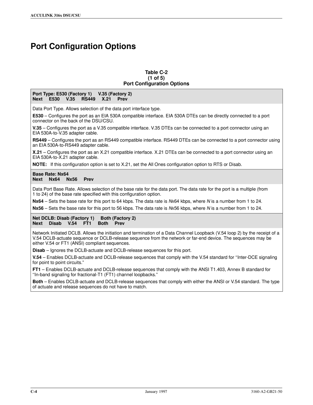 Paradyne 3160-A2-GB21-50 manual Port Configuration Options, Table C-2, Port Type E530 Factory Next E530 V.35 RS449 Prev 