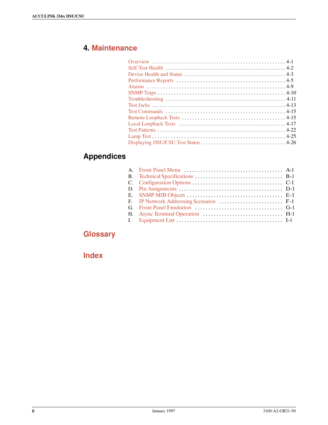 Paradyne 3160-A2-GB21-50 manual Glossary Index 