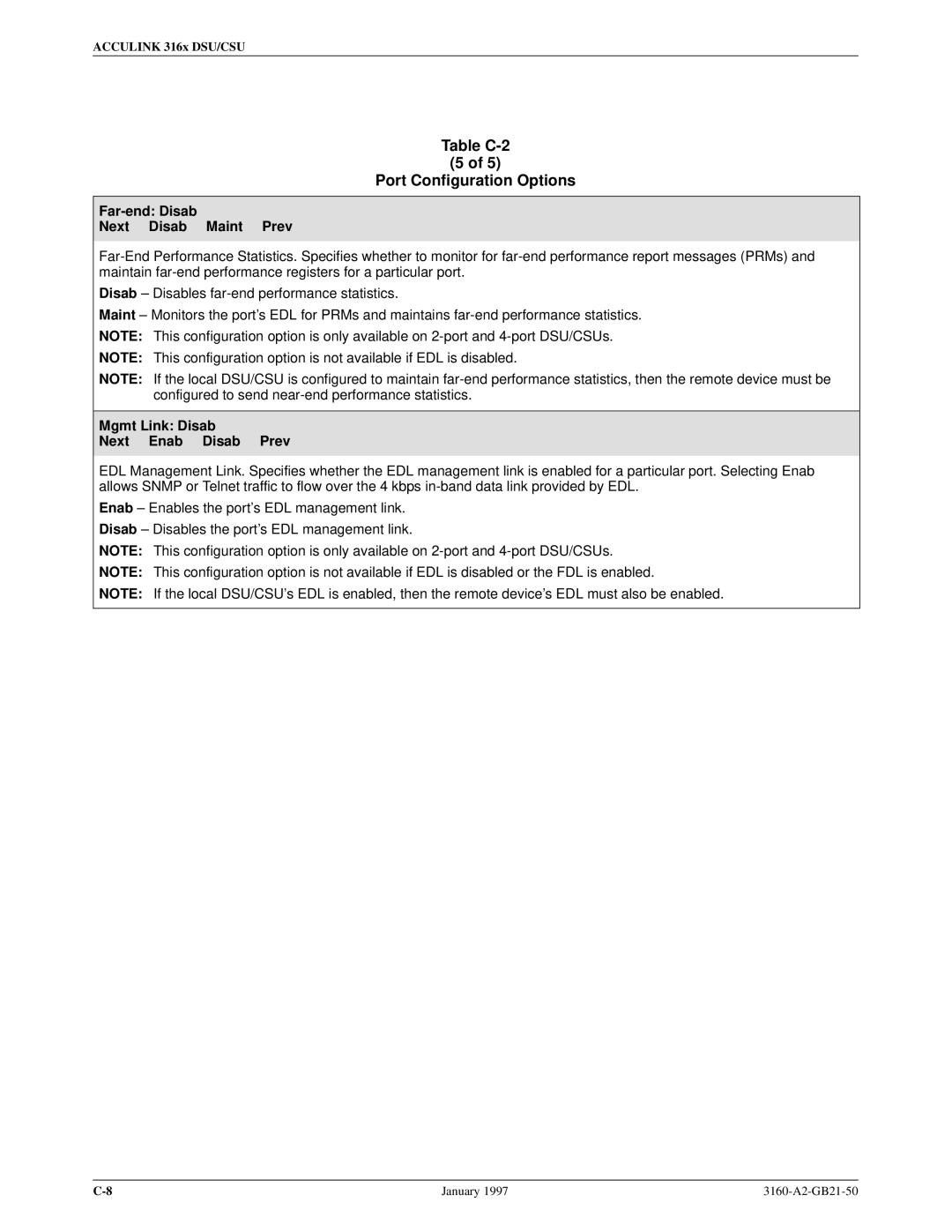 Paradyne 3160-A2-GB21-50 manual Far-end Disab Next Disab Maint Prev, Mgmt Link Disab Next Enab Disab Prev 