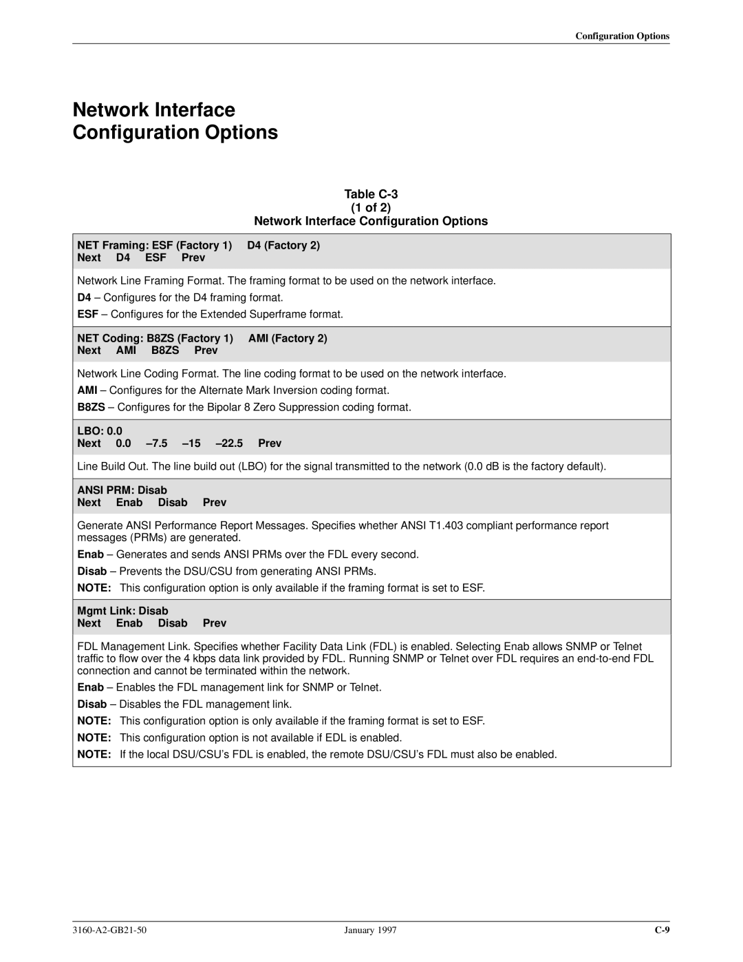 Paradyne 3160-A2-GB21-50 manual Table C-3 Network Interface Configuration Options 