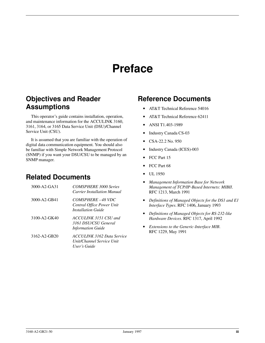 Paradyne 3160-A2-GB21-50 manual Preface, Objectives and Reader Assumptions, Related Documents, Reference Documents 