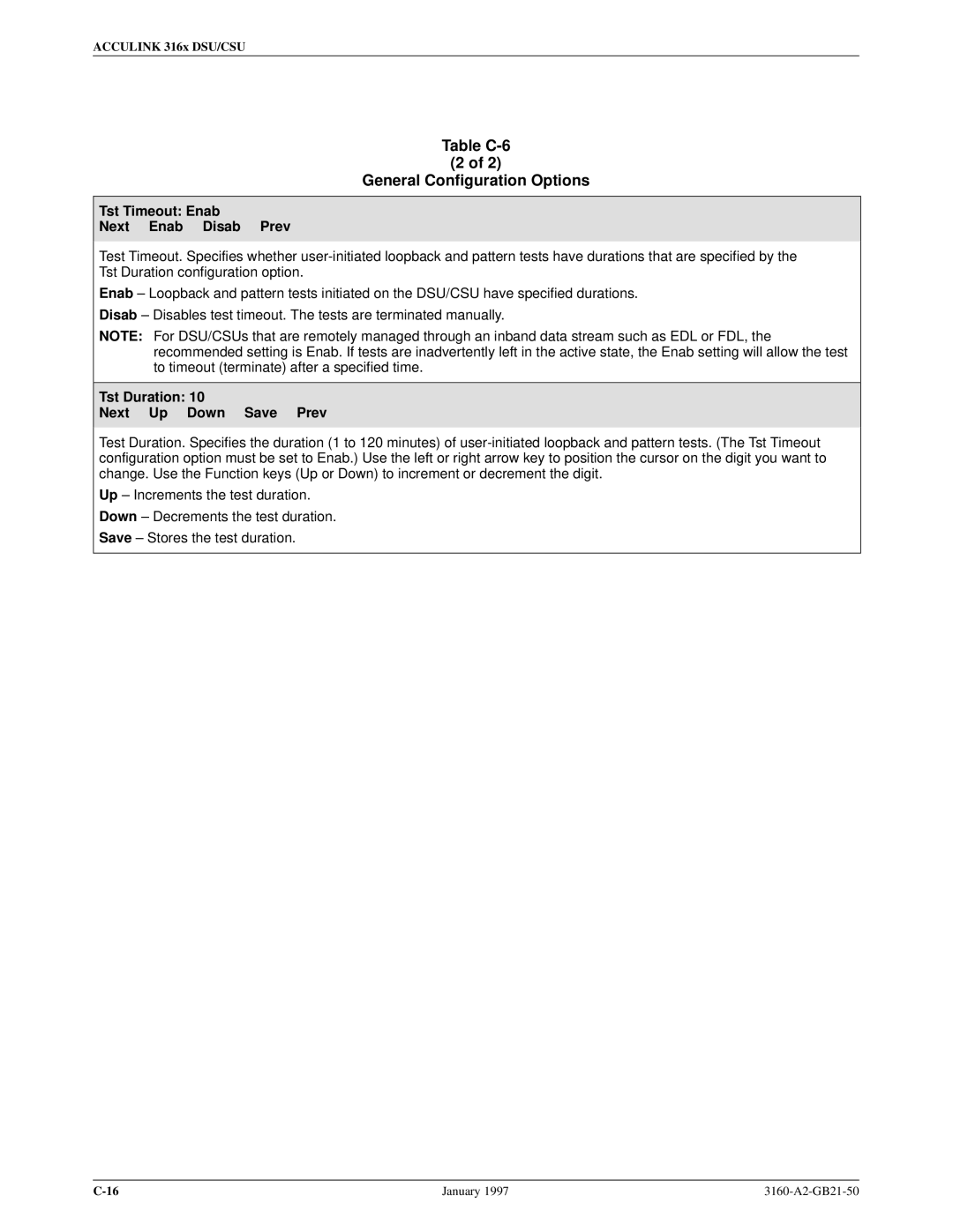 Paradyne 3160-A2-GB21-50 manual Tst Timeout Enab Next Enab Disab Prev, Tst Duration Next Up Down Save Prev 