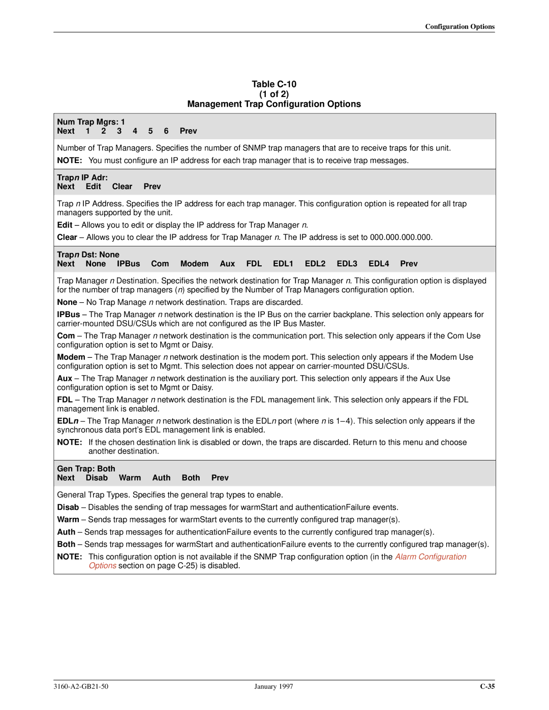 Paradyne 3160-A2-GB21-50 manual Table C-10 Management Trap Configuration Options, Num Trap Mgrs Next 1 2 3 4 5 6 Prev 
