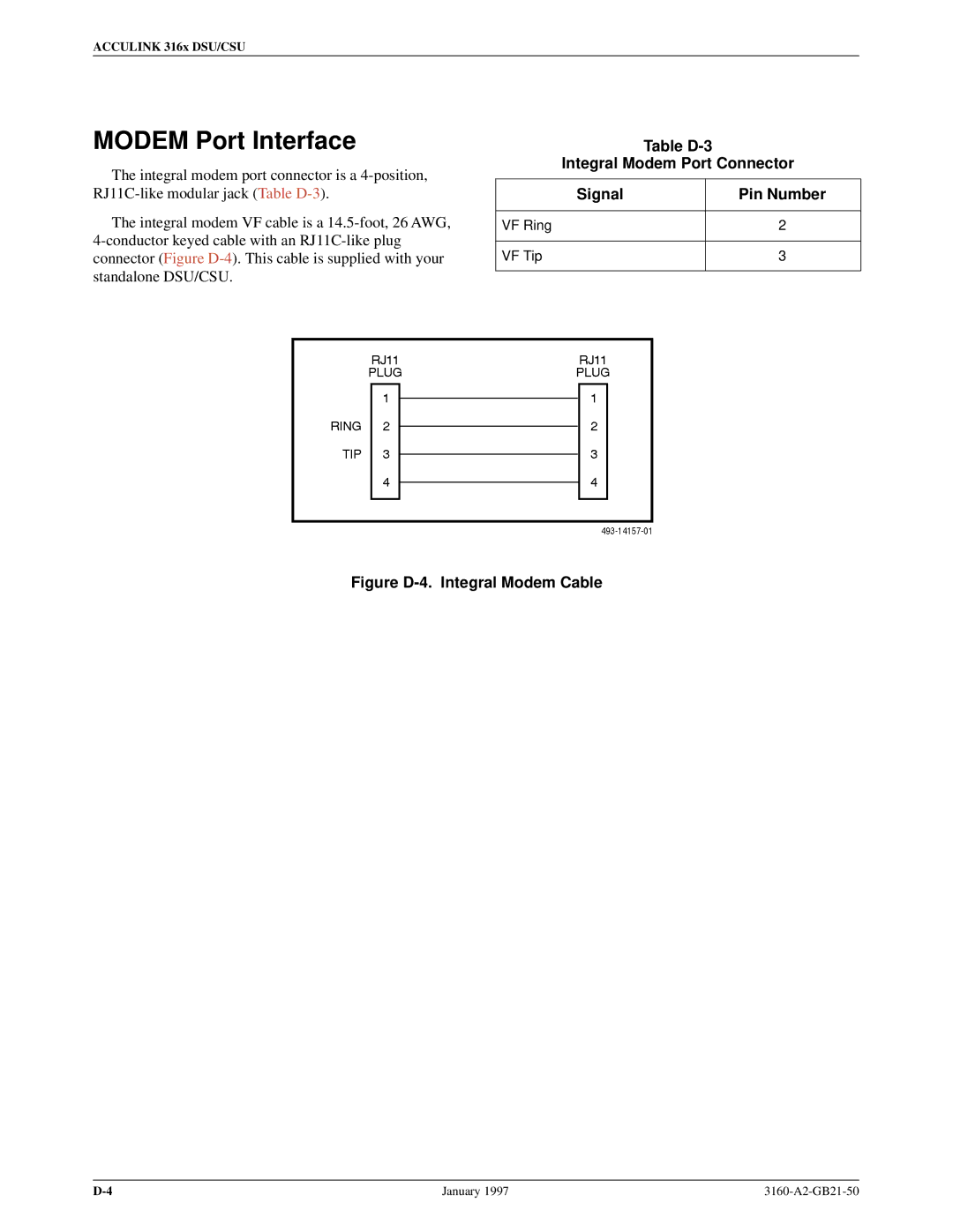 Paradyne 3160-A2-GB21-50 manual Modem Port Interface, Table D-3 Integral Modem Port Connector Signal Pin Number 