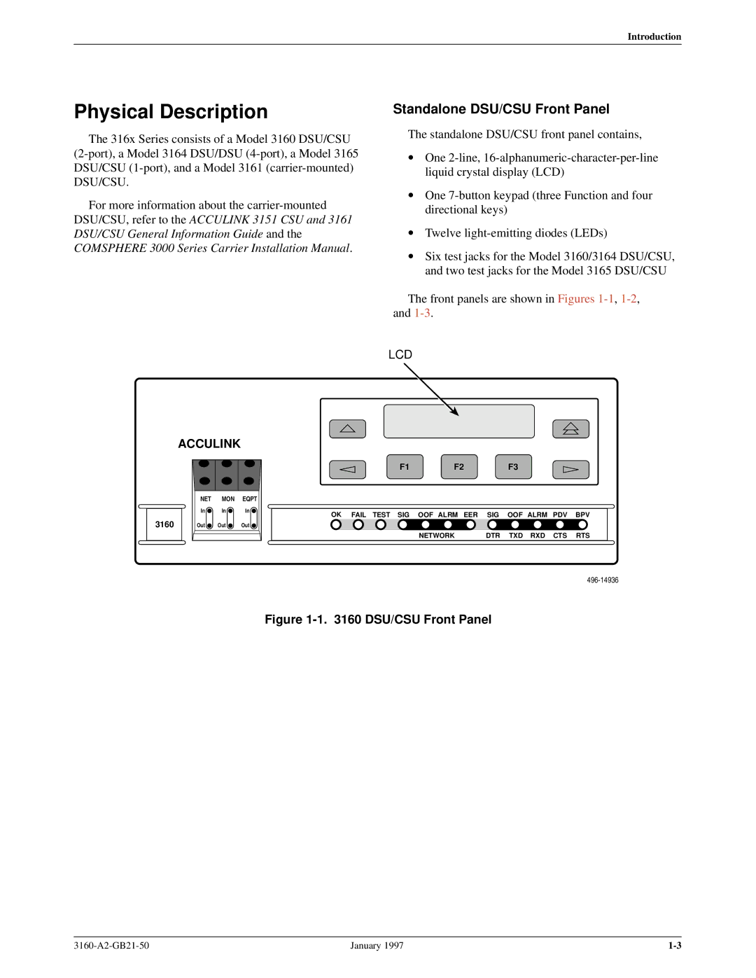 Paradyne 3160-A2-GB21-50 manual Physical Description, Standalone DSU/CSU Front Panel 