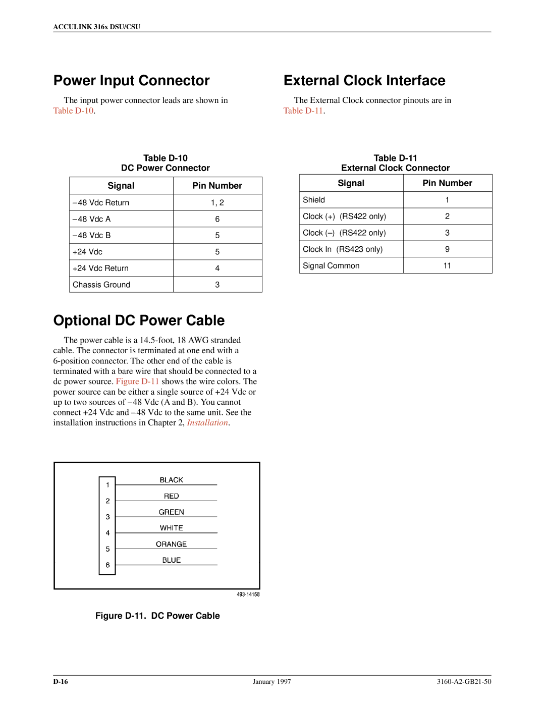 Paradyne 3160-A2-GB21-50 manual Power Input Connector, Optional DC Power Cable, External Clock Interface 