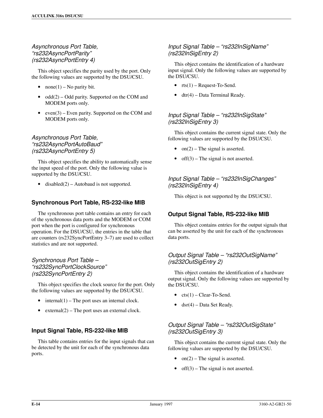 Paradyne 3160-A2-GB21-50 manual Synchronous Port Table, RS-232-like MIB, Output Signal Table, RS-232-like MIB 