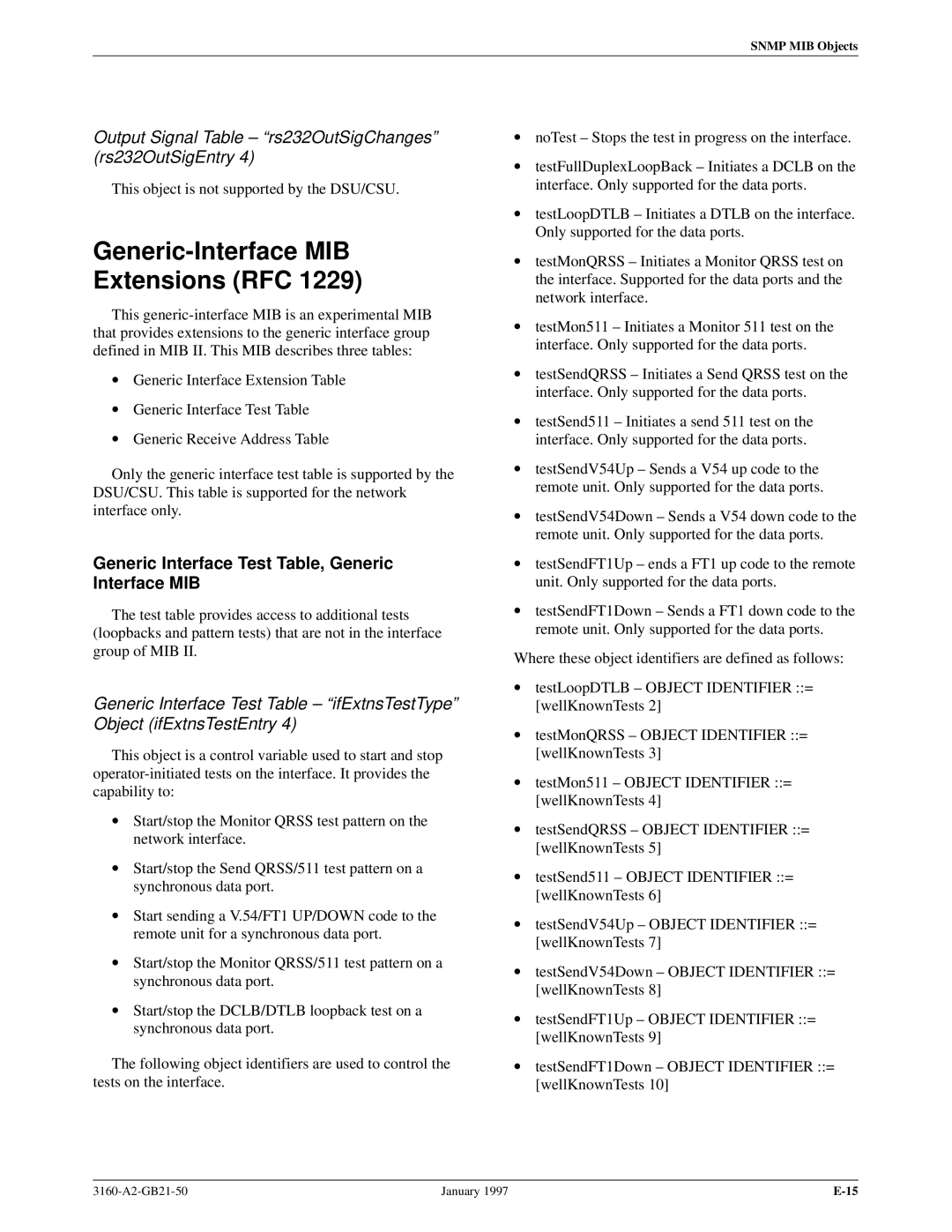 Paradyne 3160-A2-GB21-50 manual Generic-Interface MIB Extensions RFC, Generic Interface Test Table, Generic Interface MIB 