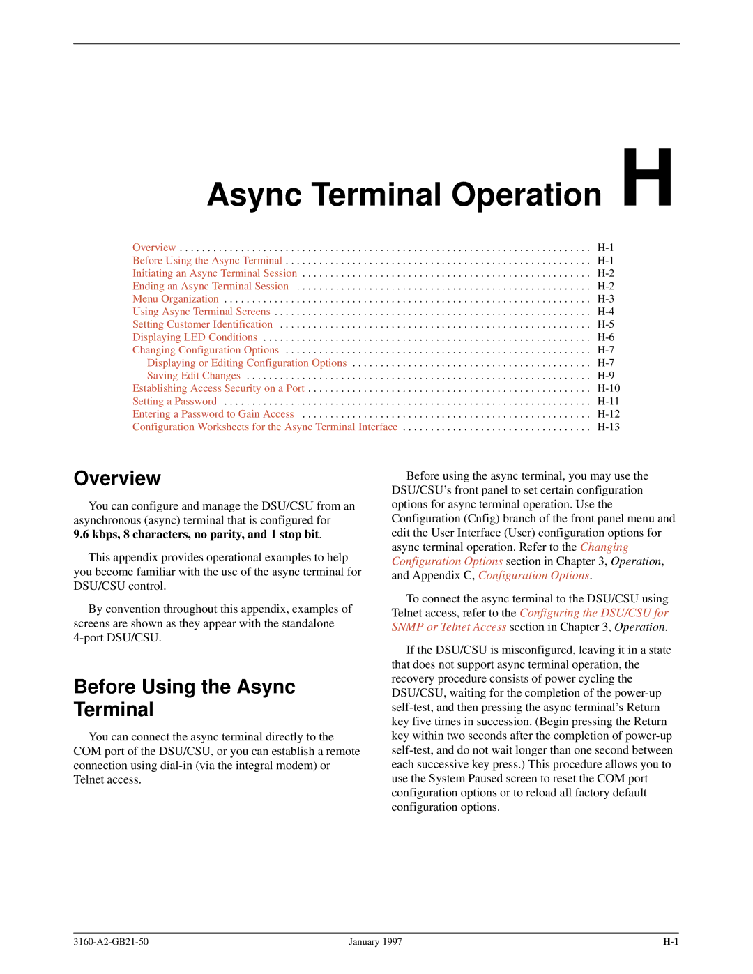 Paradyne 3160-A2-GB21-50 manual Async Terminal Operation H, Before Using the Async Terminal 