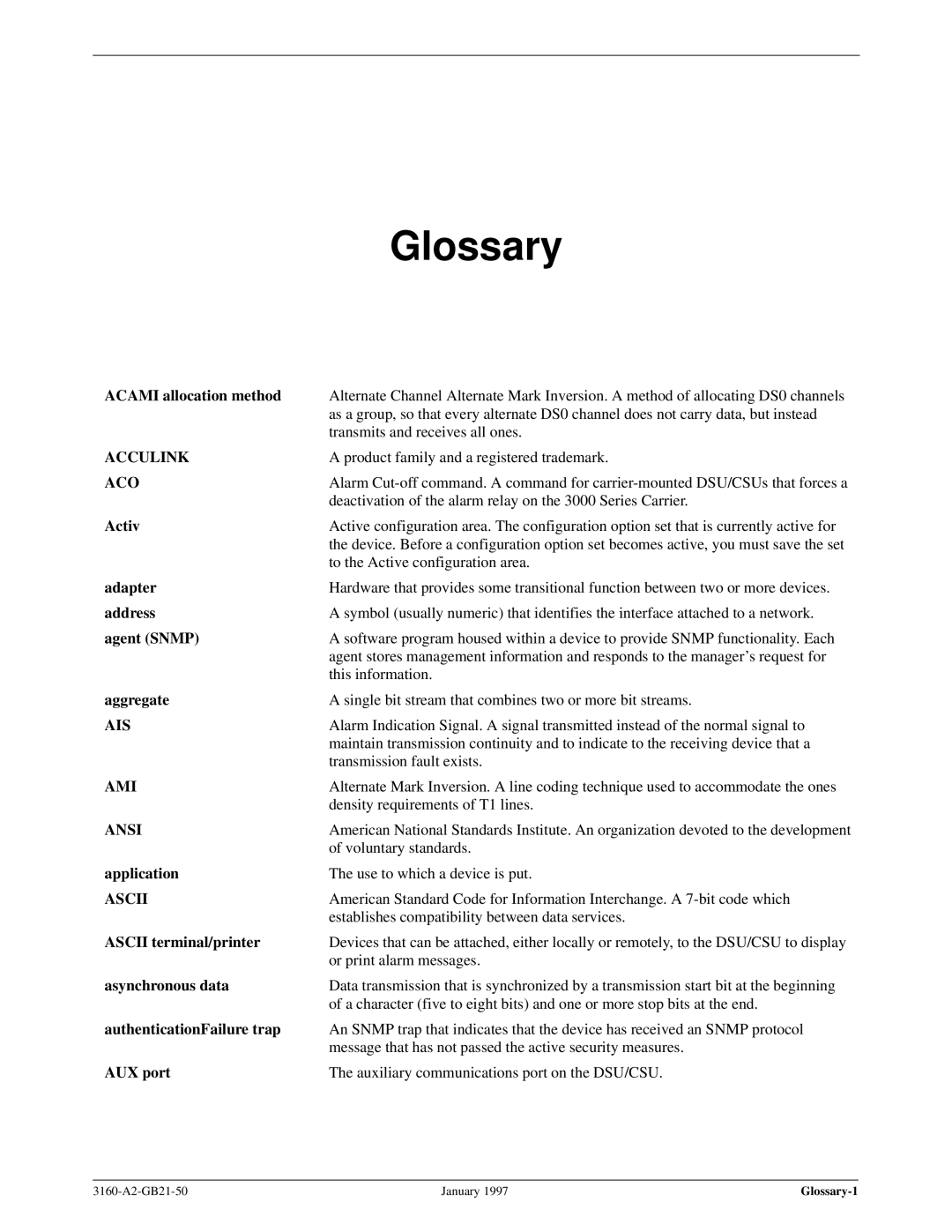 Paradyne 3160-A2-GB21-50 manual Glossary, Acami allocation method 