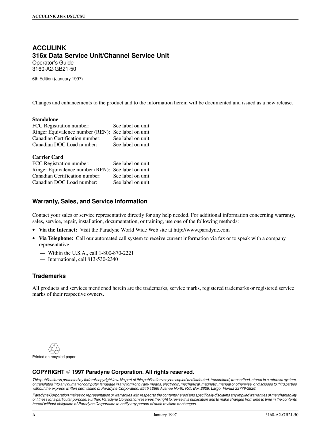 Paradyne manual Warranty, Sales, and Service Information, Trademarks, Operators Guide 3160-A2-GB21-50 