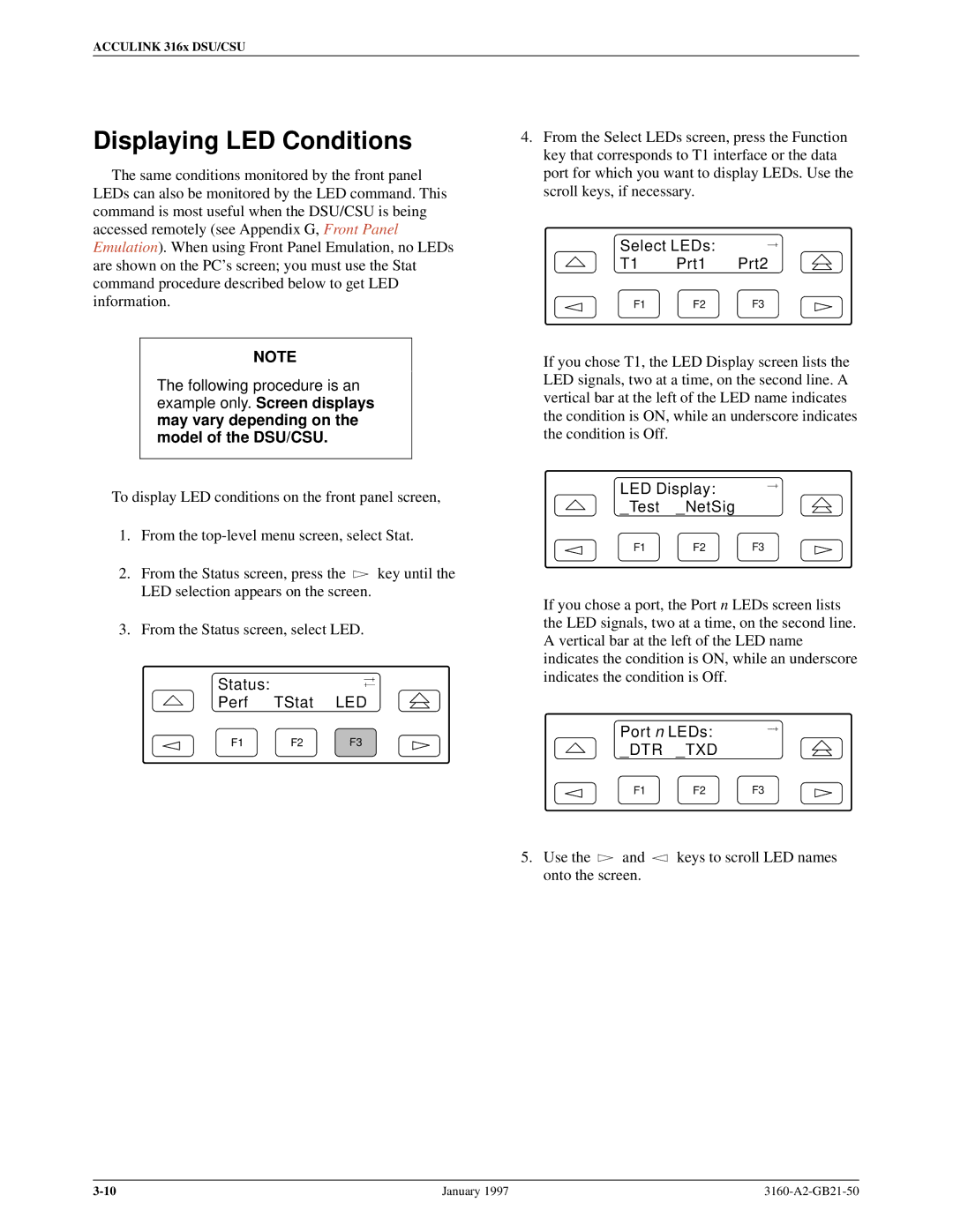 Paradyne 3160-A2-GB21-50 Displaying LED Conditions, Status Perf TStat LED, Select LEDs T1 Prt1 Prt2, Port n LEDs DTR TXD 