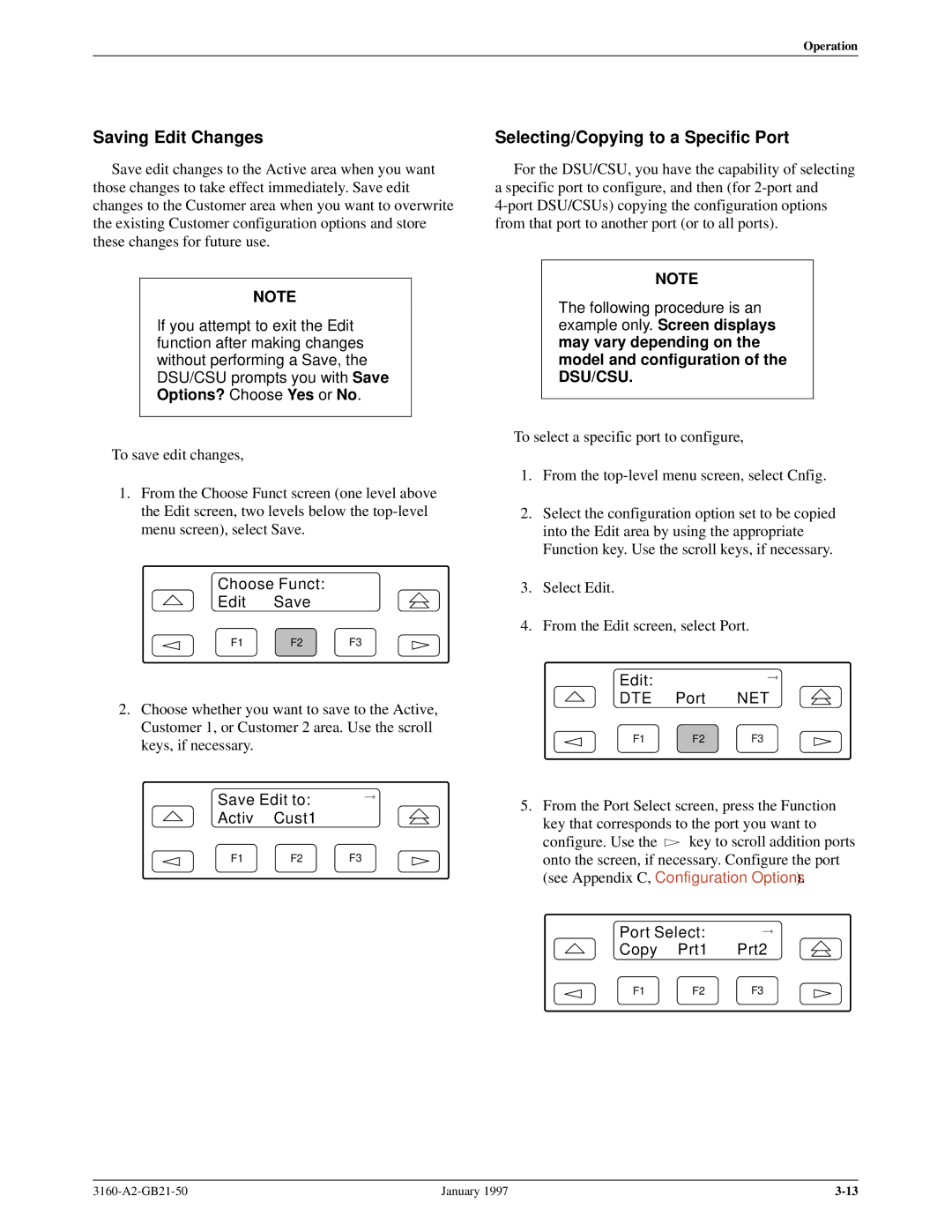 Paradyne 3160-A2-GB21-50 manual Saving Edit Changes, Selecting/Copying to a Specific Port, Save Edit to Activ Cust1 