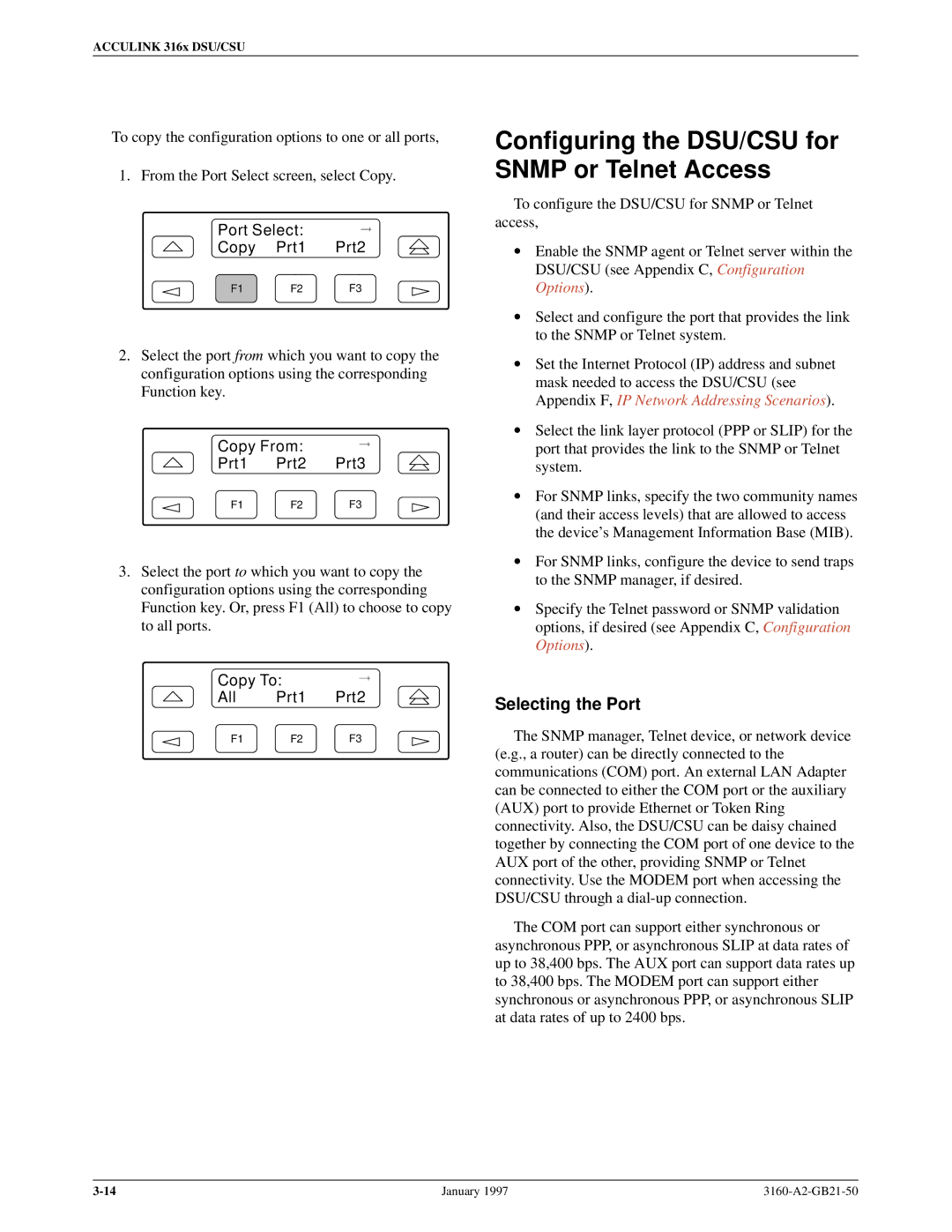 Paradyne 3160-A2-GB21-50 Configuring the DSU/CSU for Snmp or Telnet Access, Selecting the Port, Copy From Prt1 Prt2 Prt3 