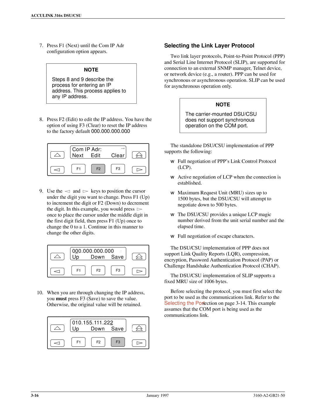 Paradyne 3160-A2-GB21-50 manual Selecting the Link Layer Protocol, Com IP Adr Next Edit Clear, Up Down Save 