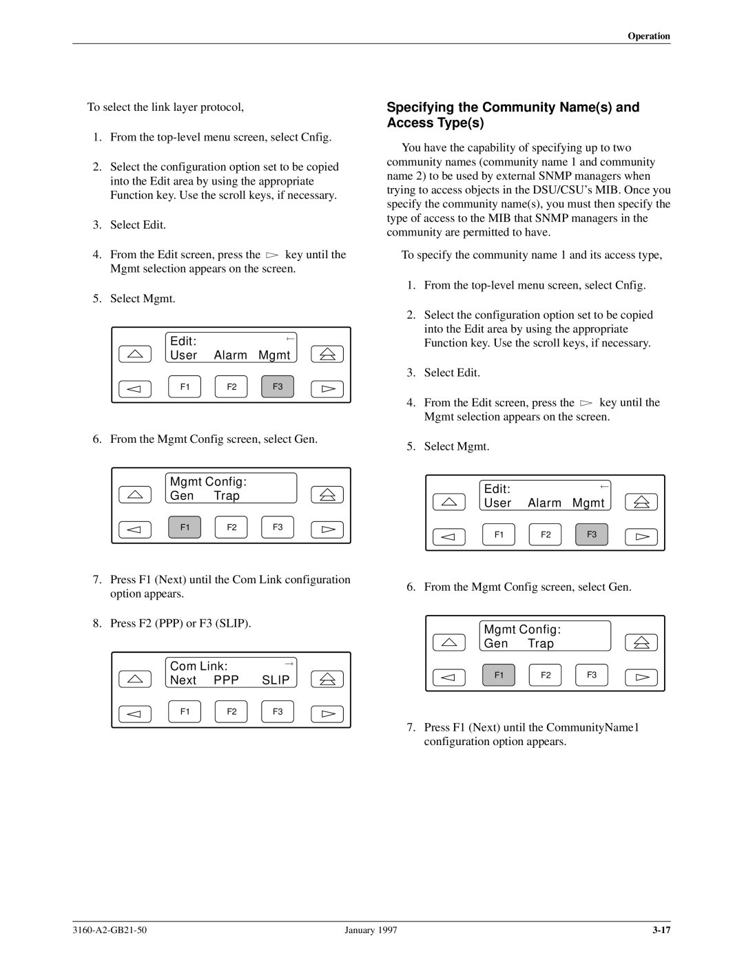 Paradyne 3160-A2-GB21-50 manual Specifying the Community Names and Access Types, Com Link Next PPP Slip 