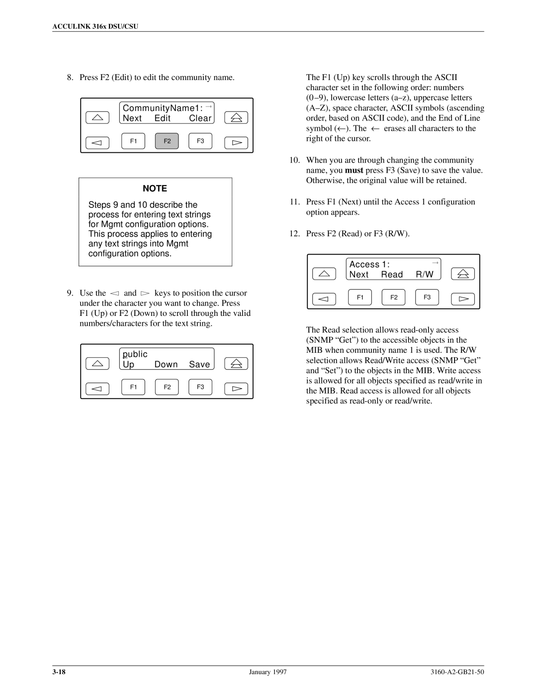 Paradyne 3160-A2-GB21-50 manual CommunityName1 Next Edit Clear, Public Up Down Save, Access Next Read R/W 