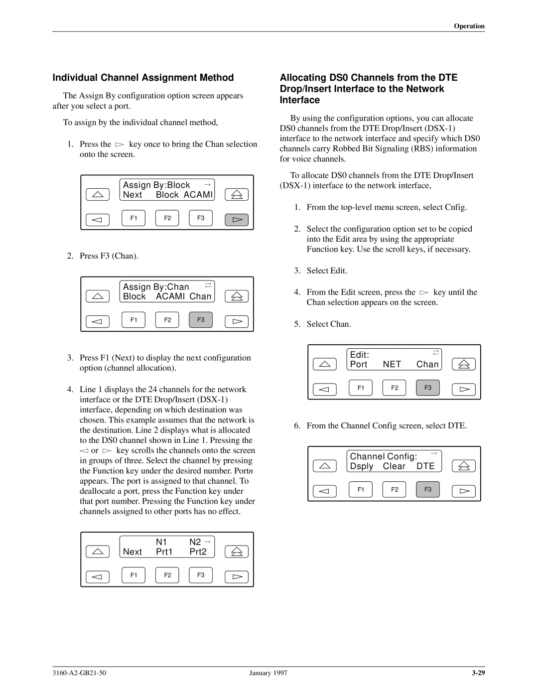 Paradyne 3160-A2-GB21-50 manual Individual Channel Assignment Method, Assign ByBlock Next Block Acami, Next Prt1 Prt2 