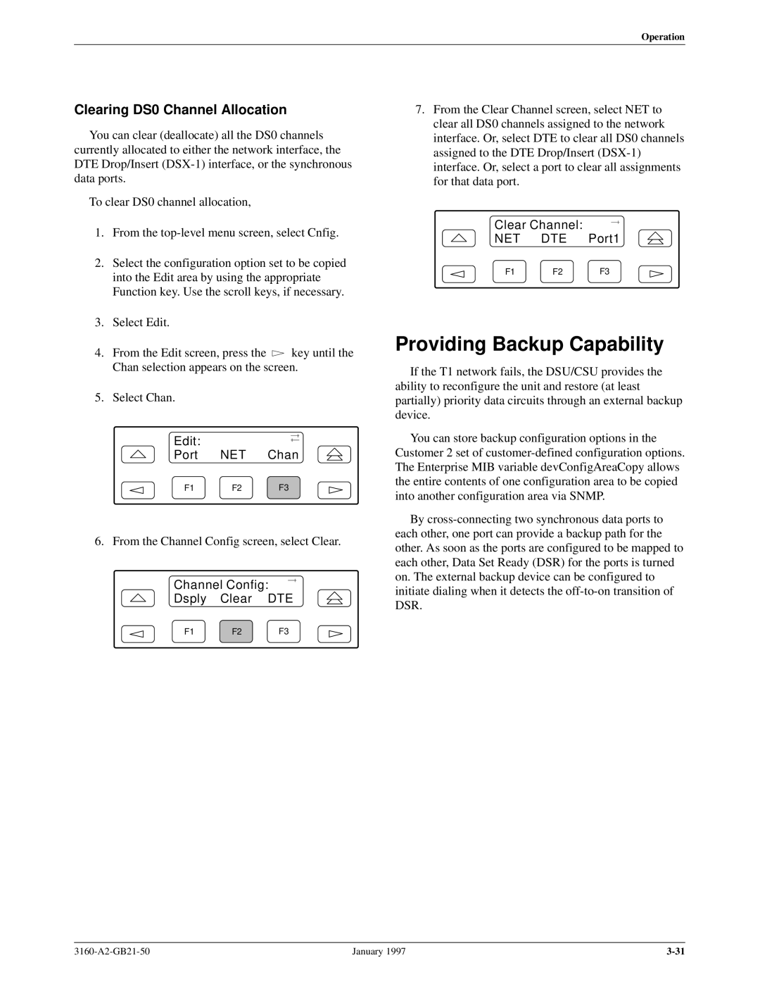 Paradyne 3160-A2-GB21-50 manual Providing Backup Capability, Clearing DS0 Channel Allocation, Clear Channel, Port1 