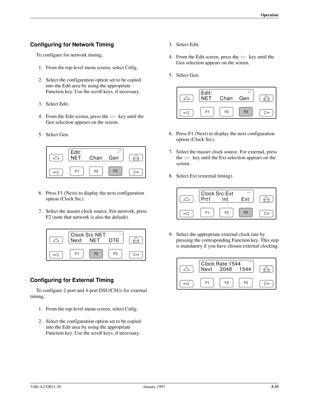 Paradyne 3160-A2-GB21-50 manual Configuring for Network Timing, Configuring for External Timing 
