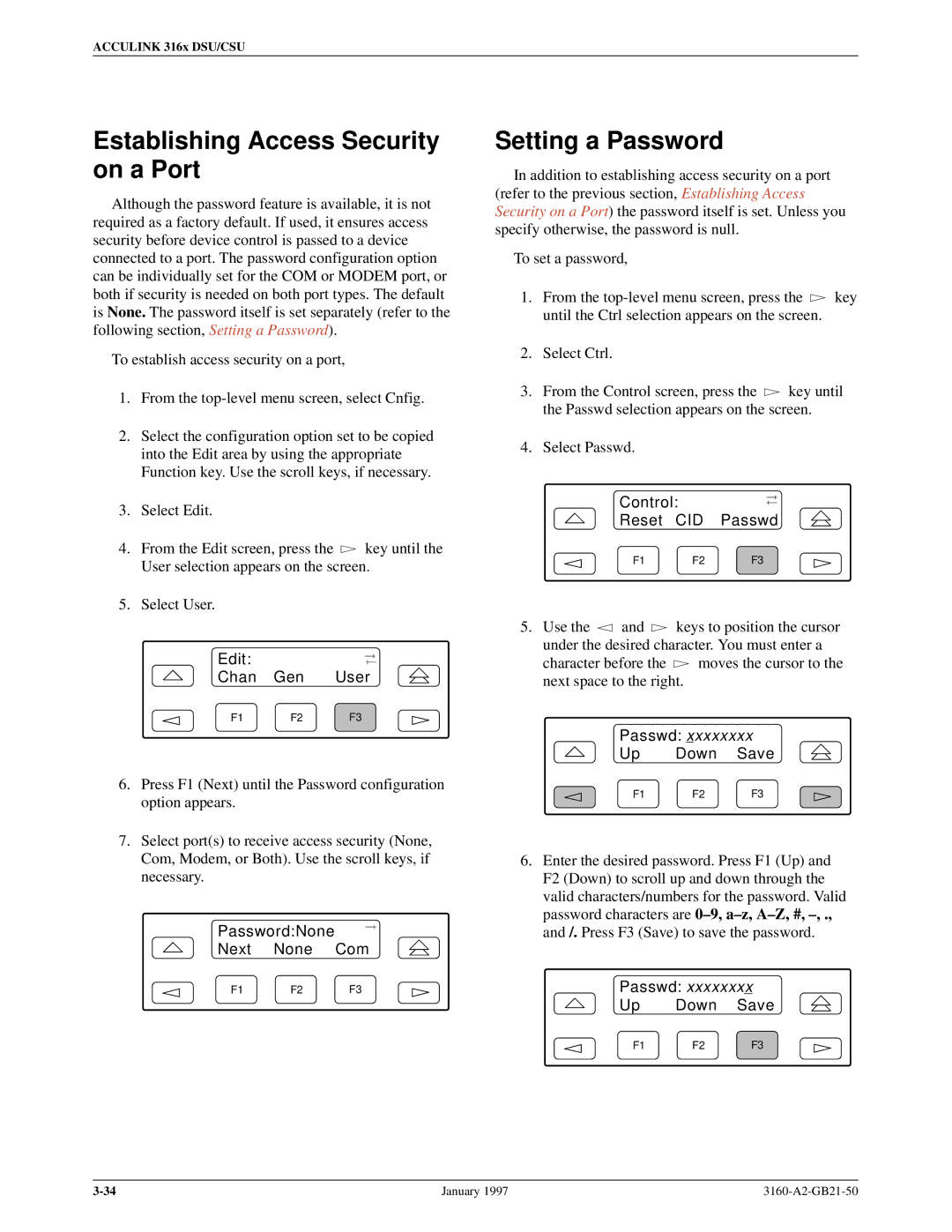 Paradyne 3160-A2-GB21-50 manual Establishing Access Security on a Port, Setting a Password, PasswordNone Next None Com 