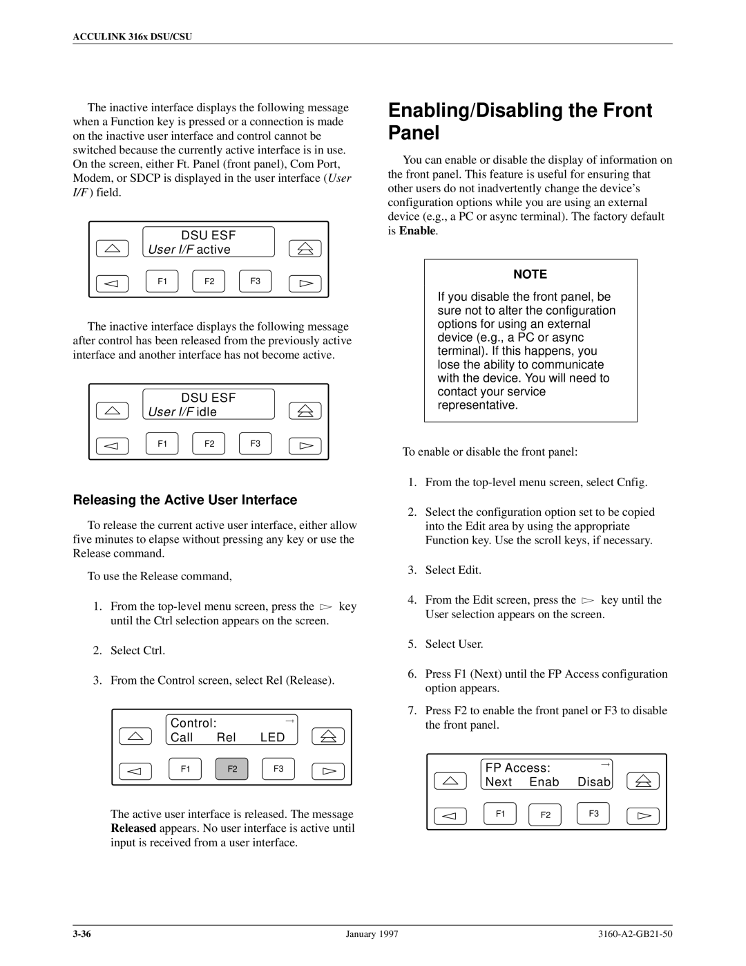 Paradyne 3160-A2-GB21-50 manual Enabling/Disabling the Front Panel, Releasing the Active User Interface 