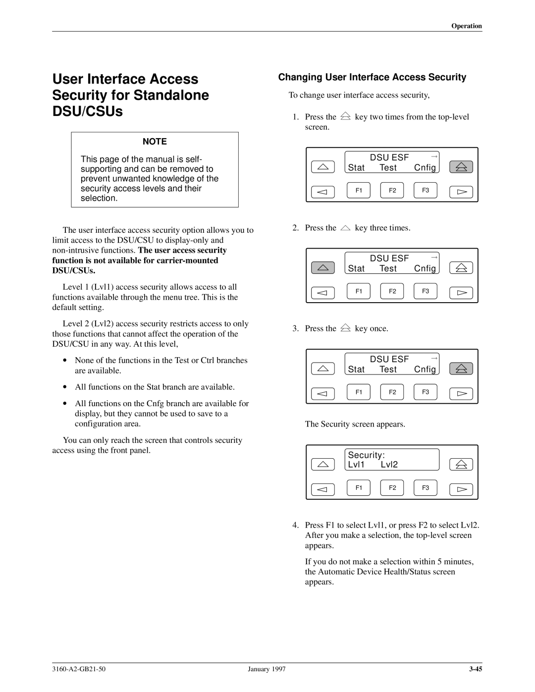 Paradyne 3160-A2-GB21-50 User Interface Access Security for Standalone DSU/CSUs, Changing User Interface Access Security 