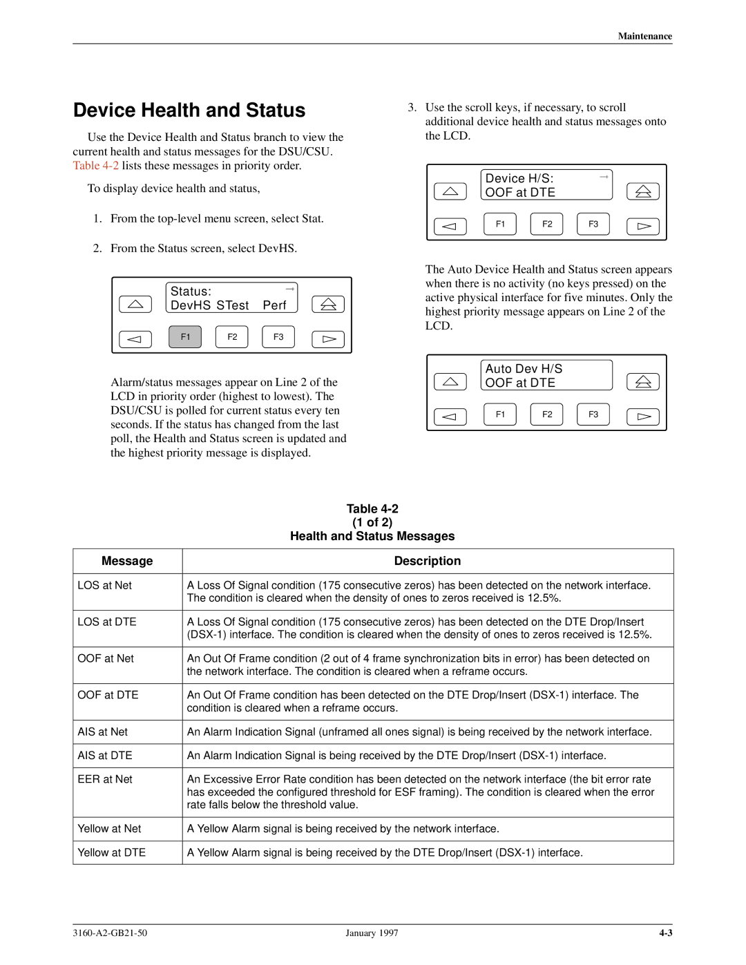 Paradyne 3160-A2-GB21-50 manual Device Health and Status, Device H/S OOF at DTE, Auto Dev H/S OOF at DTE 