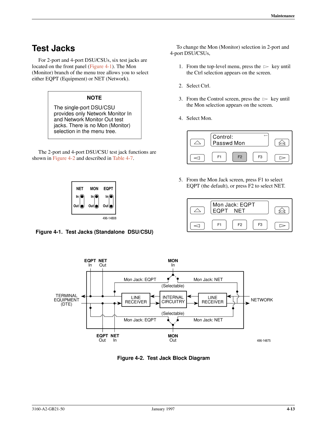 Paradyne 3160-A2-GB21-50 manual Test Jacks, Control Passwd Mon, Mon Jack Eqpt 