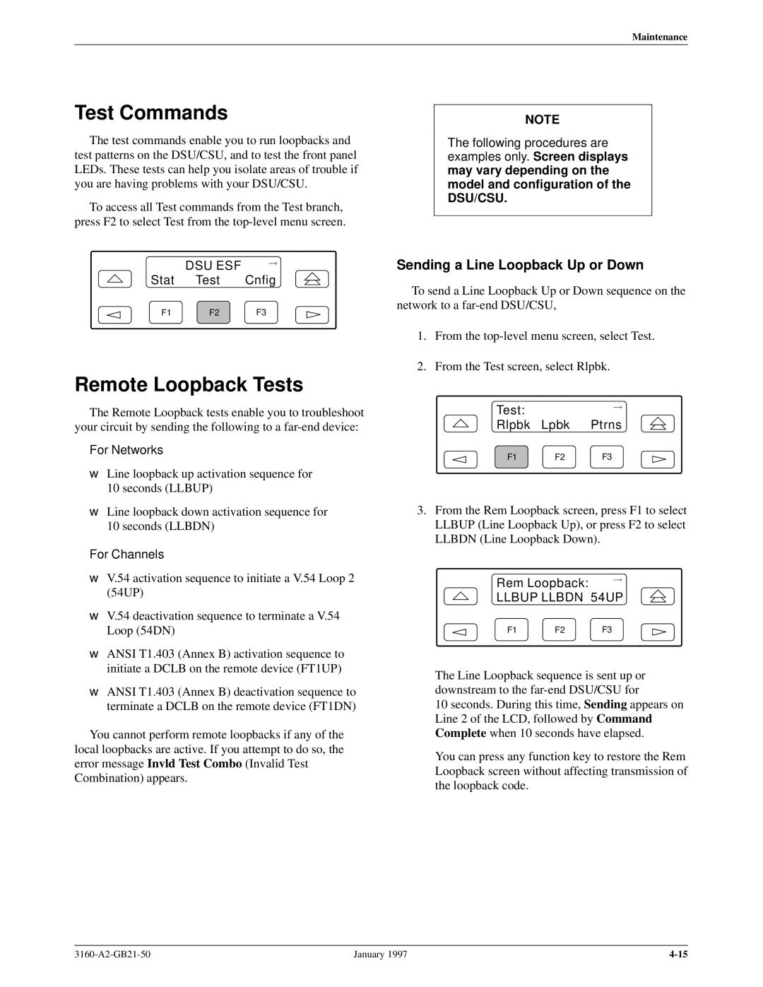 Paradyne 3160-A2-GB21-50 Test Commands, Remote Loopback Tests, Sending a Line Loopback Up or Down, Test Rlpbk Lpbk Ptrns 