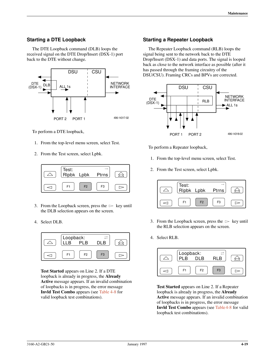 Paradyne 3160-A2-GB21-50 manual Starting a DTE Loopback, Starting a Repeater Loopback 