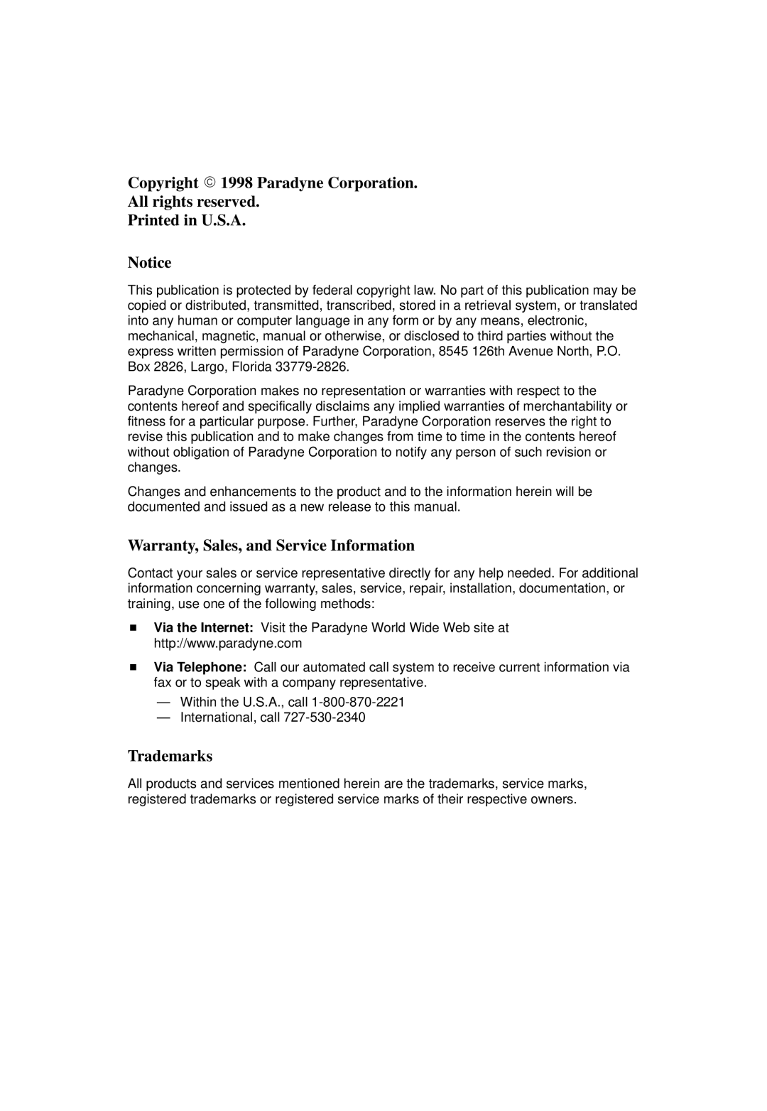 Paradyne 3161 DSU, 3161 CSU manual Copyright  1998 Paradyne Corporation All rights reserved 