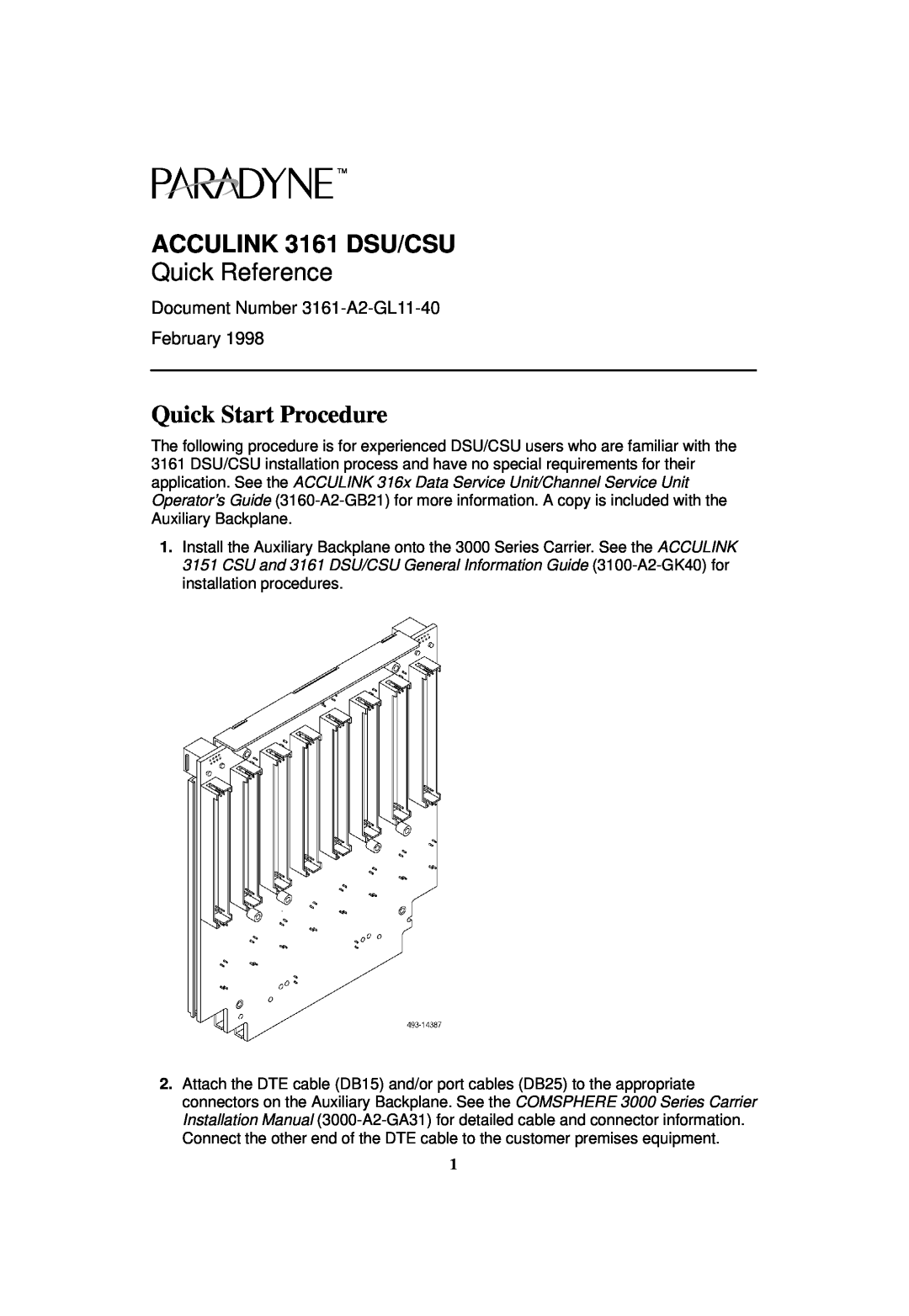 Paradyne 3161 CSU Quick Start Procedure, ACCULINK 3161 DSU/CSU, Quick Reference, Document Number 3161-A2-GL11-40 February 