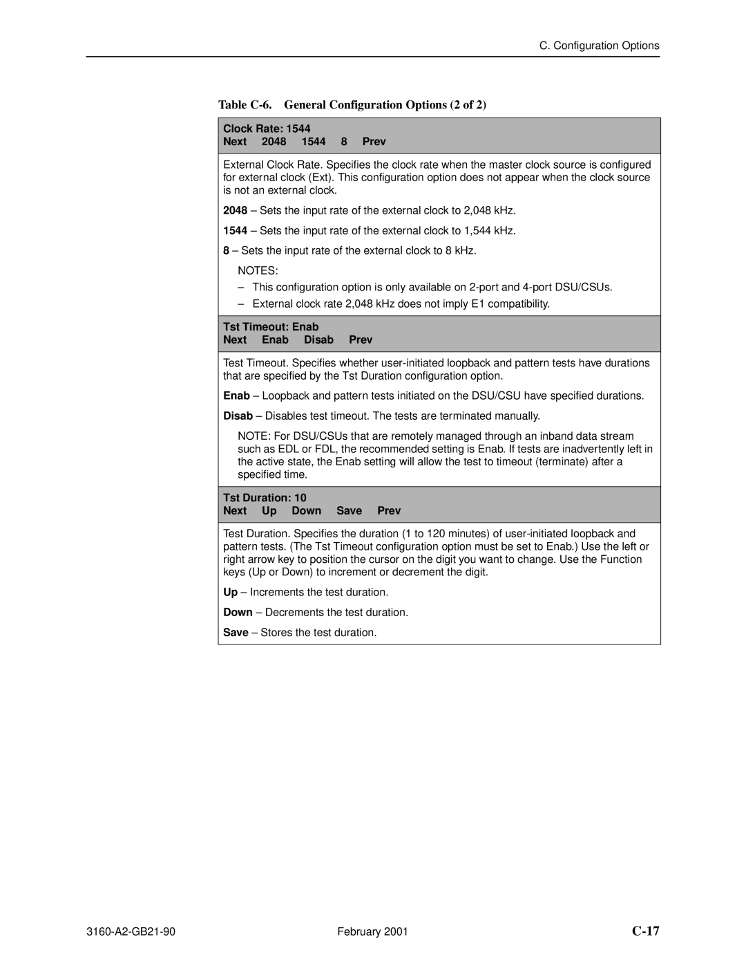 Paradyne 3164-A2, 3165-A2, 3160-A3, 3161-B3 Table C-6. General Configuration Options 2, Clock Rate Next 2048 1544 8 Prev 