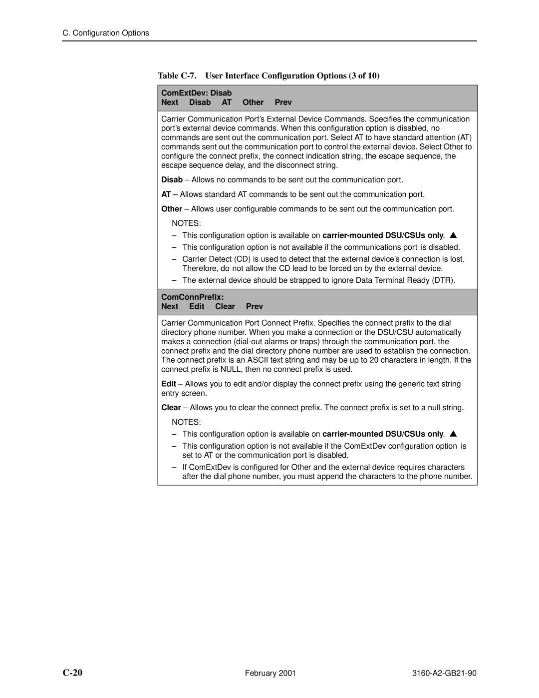 Paradyne 3165-A2, 3164-A2 manual Table C-7. User Interface Configuration Options 3, ComExtDev Disab Next Disab AT Other Prev 