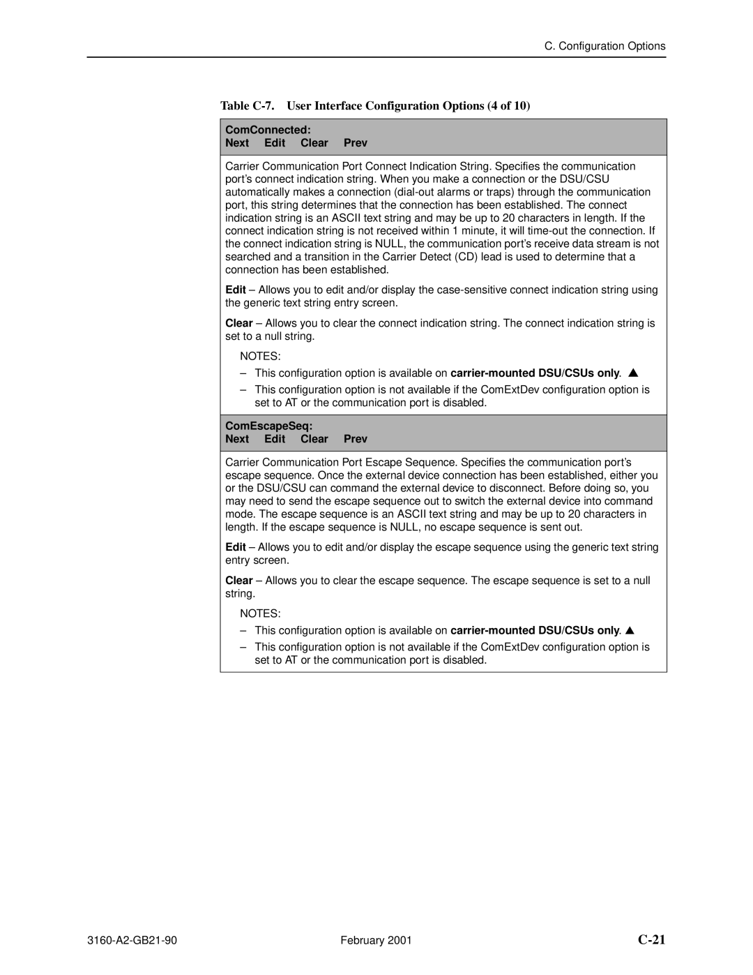 Paradyne 3164-A2, 3165-A2, 3160-A3 Table C-7. User Interface Configuration Options 4, ComConnected Next Edit Clear Prev 