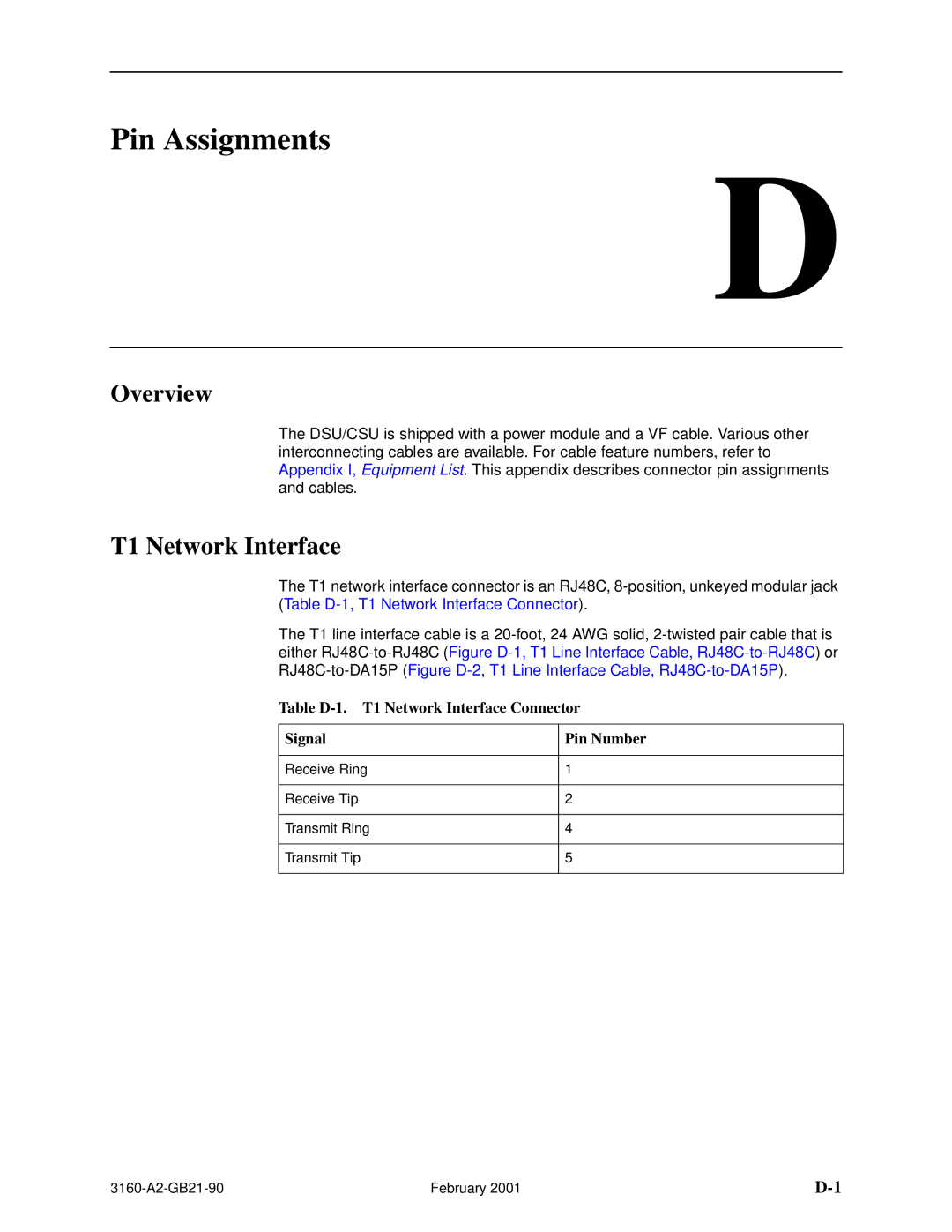 Paradyne 3161-B3, 3165-A2, 3164-A2, 3160-A3 Pin Assignments, Table D-1. T1 Network Interface Connector Signal Pin Number 