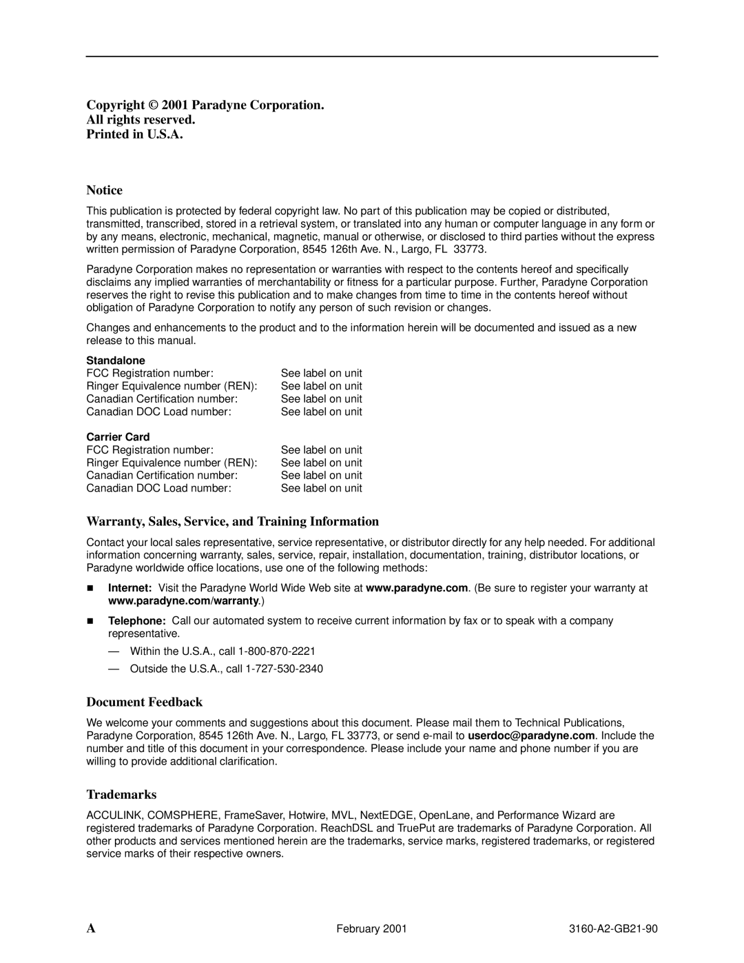 Paradyne 3160-A3, 3165-A2, 3164-A2, 3161-B3 manual Standalone, Carrier Card 