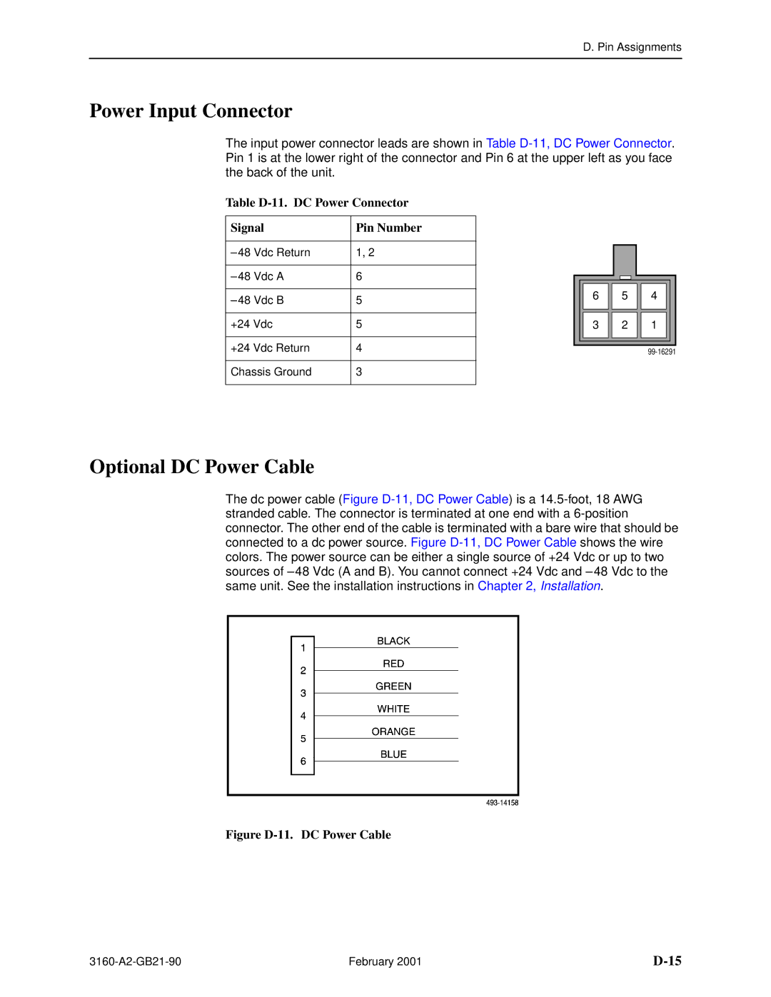 Paradyne 3164-A2, 3165-A2 Power Input Connector, Optional DC Power Cable, Table D-11. DC Power Connector Signal Pin Number 