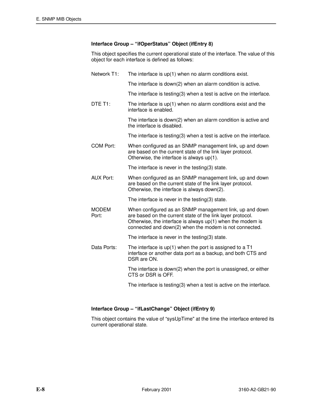 Paradyne 3160-A3, 3165-A2, 3164-A2 Interface Group ifOperStatus Object ifEntry, Interface Group ifLastChange Object ifEntry 