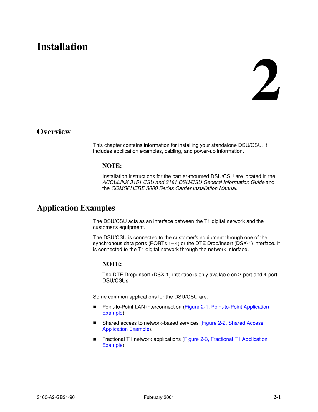 Paradyne 3164-A2, 3165-A2, 3160-A3, 3161-B3 manual Installation, Application Examples 