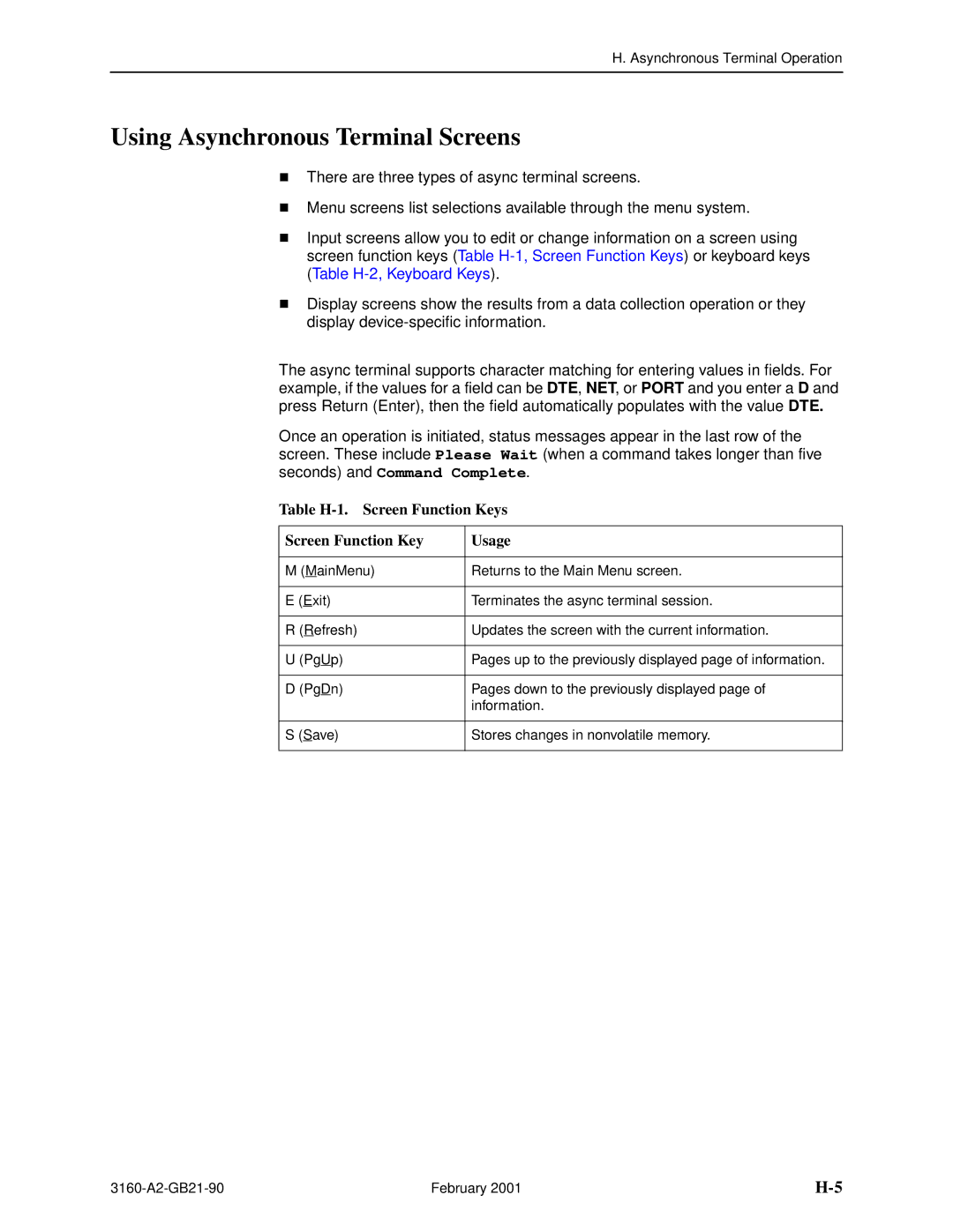 Paradyne 3164-A2, 3165-A2, 3160-A3, 3161-B3 manual Using Asynchronous Terminal Screens, Table H-1. Screen Function Keys Usage 