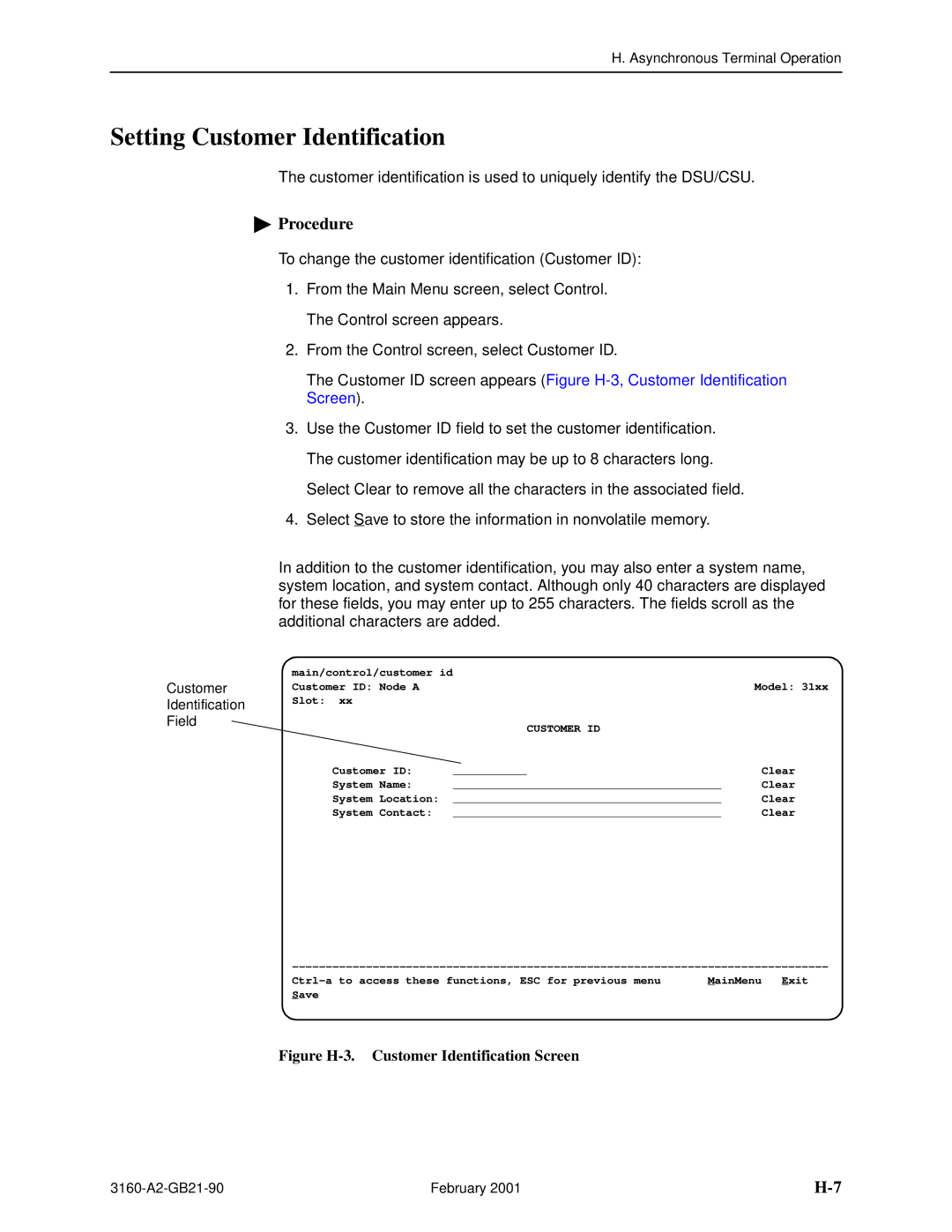 Paradyne 3161-B3, 3165-A2, 3164-A2, 3160-A3 manual Customer, Identification, Field 