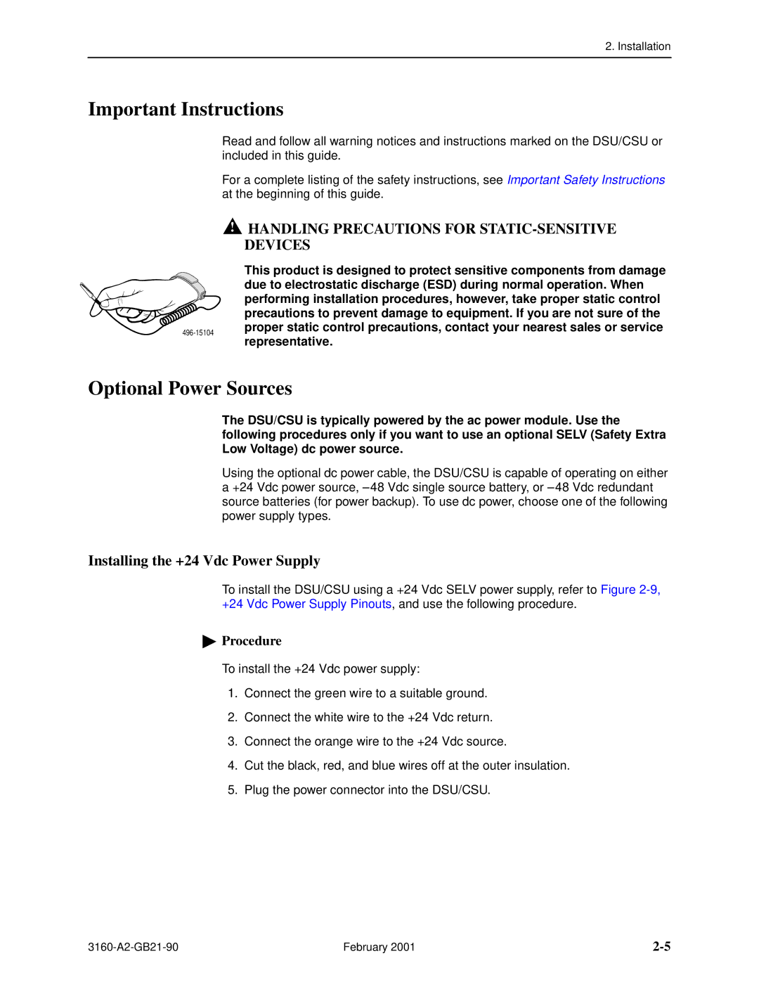 Paradyne 3164-A2 manual Important Instructions, Optional Power Sources, Installing the +24 Vdc Power Supply, Representative 