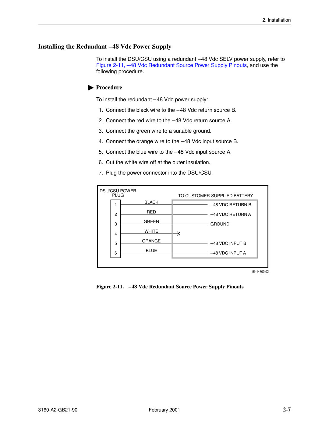 Paradyne 3161-B3, 3165-A2 Installing the Redundant -48 Vdc Power Supply, 11. -48 Vdc Redundant Source Power Supply Pinouts 