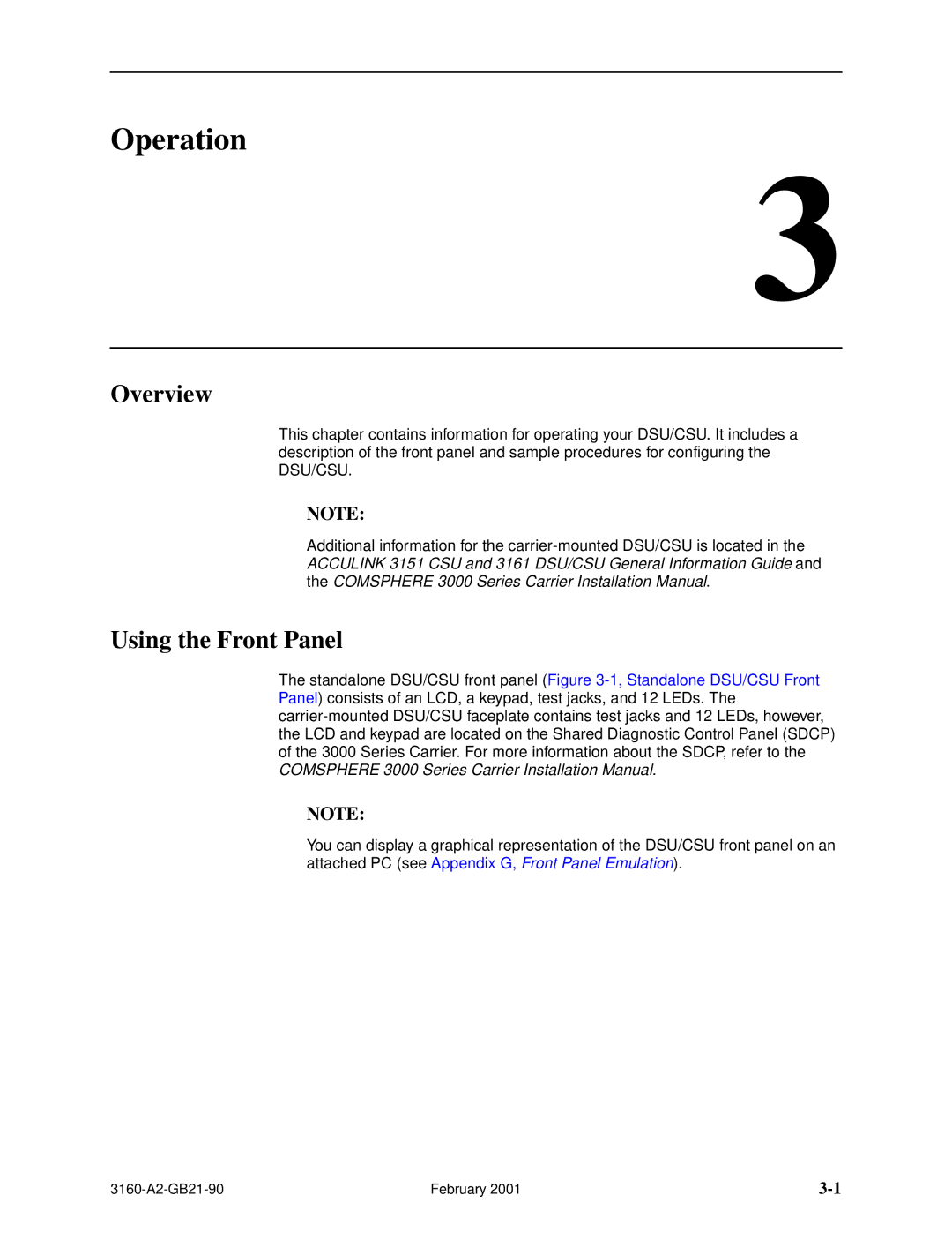 Paradyne 3161-B3, 3165-A2, 3164-A2, 3160-A3 manual Operation, Using the Front Panel 