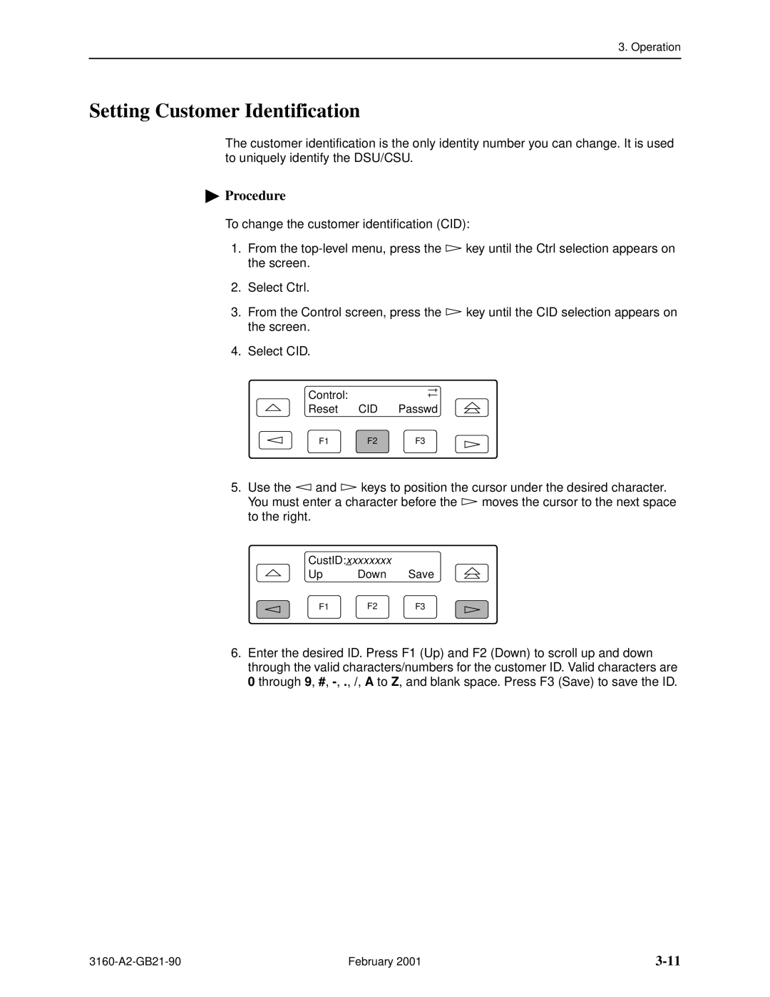 Paradyne 3164-A2, 3165-A2, 3160-A3, 3161-B3 manual Setting Customer Identification 