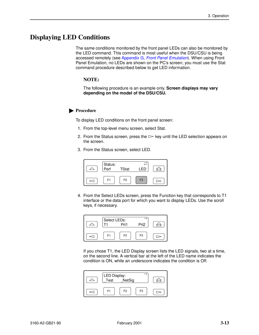 Paradyne 3161-B3, 3165-A2, 3164-A2, 3160-A3 manual Displaying LED Conditions 