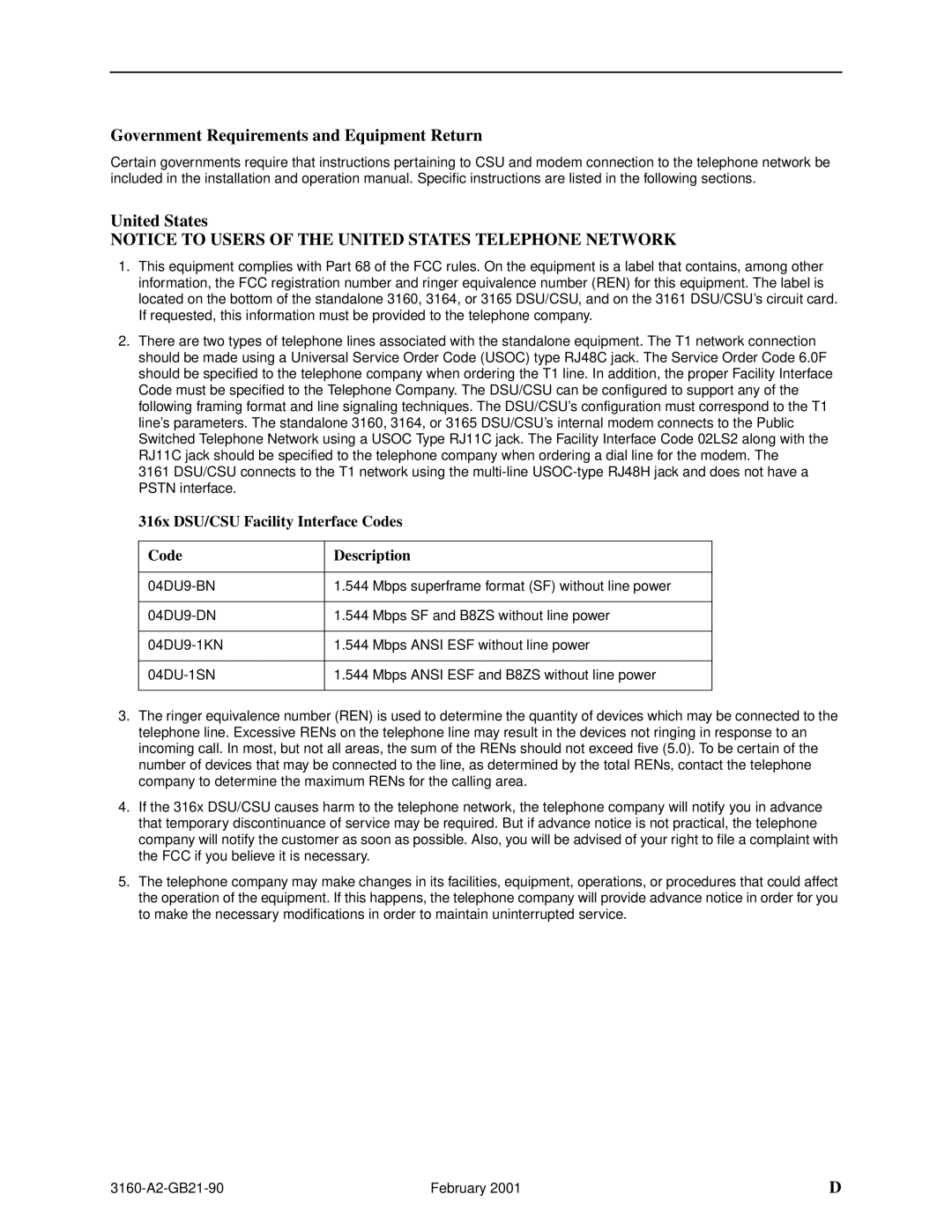 Paradyne 3164-A2, 3165-A2, 3160-A3, 3161-B3 manual Government Requirements and Equipment Return United States 