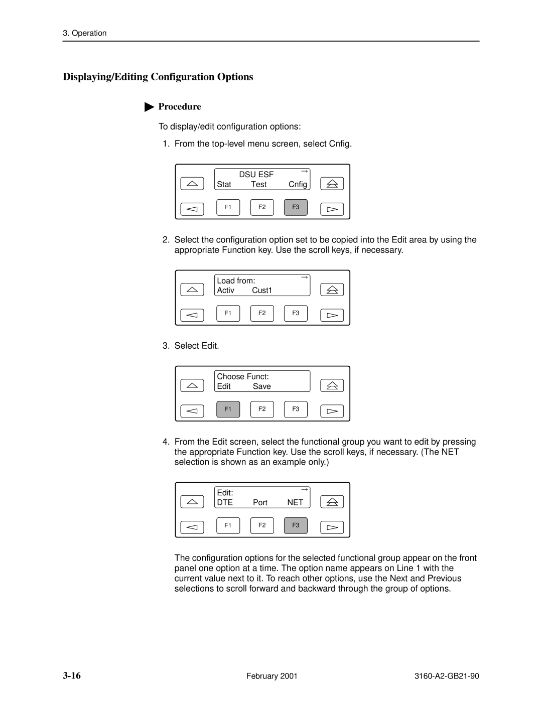 Paradyne 3160-A3, 3165-A2, 3164-A2, 3161-B3 manual Displaying/Editing Configuration Options 